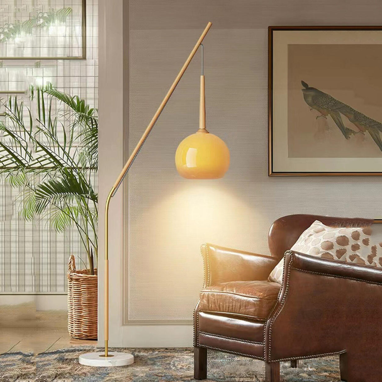 Modern Angled Amber Globe Walnut Metal Floor Lamp Image - 17