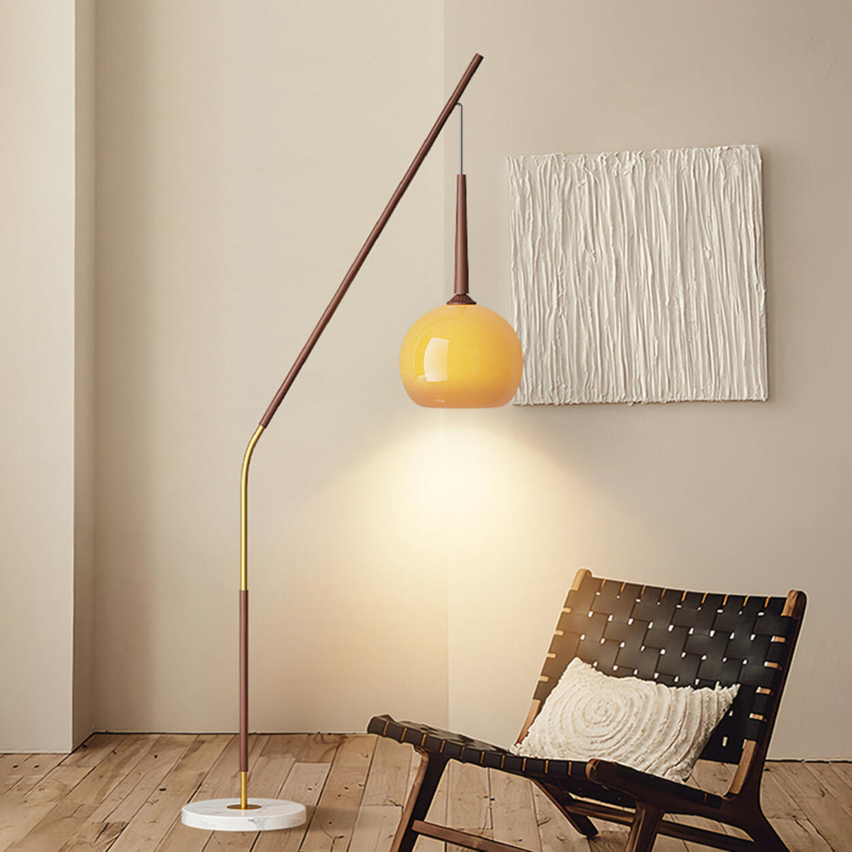 Modern Angled Amber Globe Walnut Metal Floor Lamp Image - 18