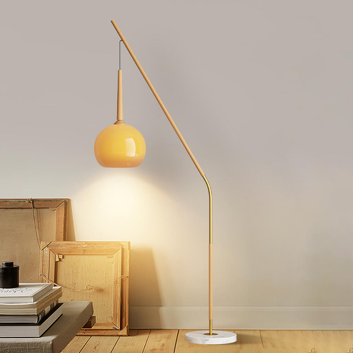 Modern Angled Amber Globe Walnut Metal Floor Lamp Image - 6