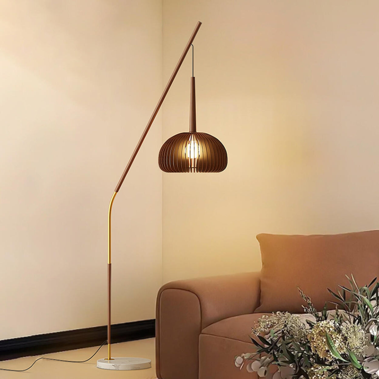 Modern Angled Amber Globe Walnut Metal Floor Lamp Image - 8