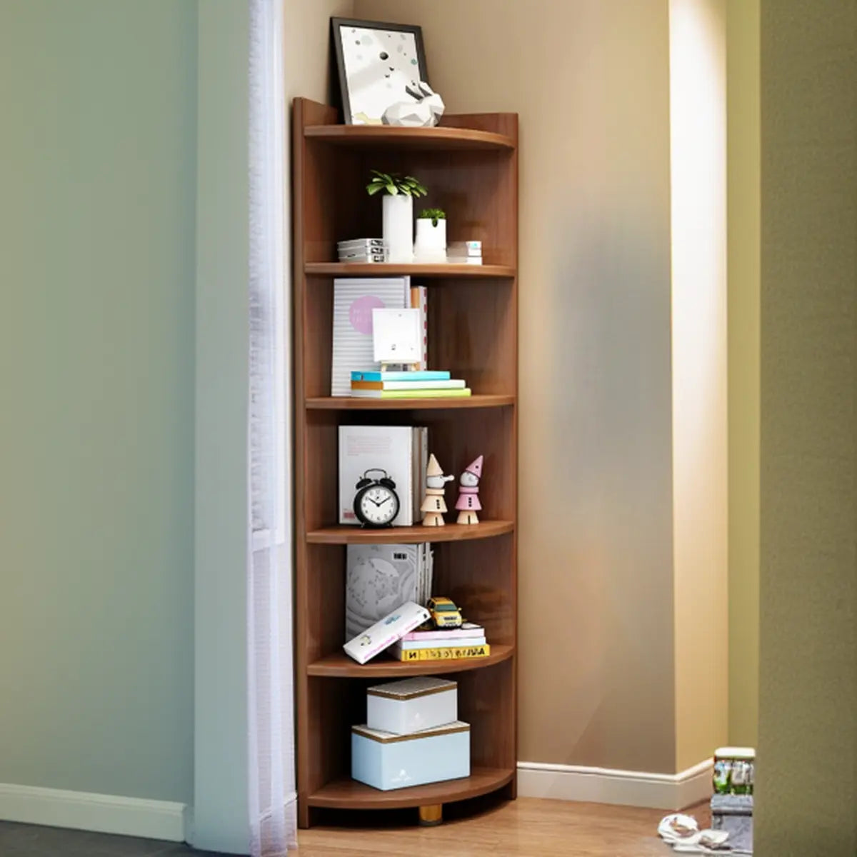 Modern Arc Corner Rubberwood Storage Narrow Bookcase Image - 1