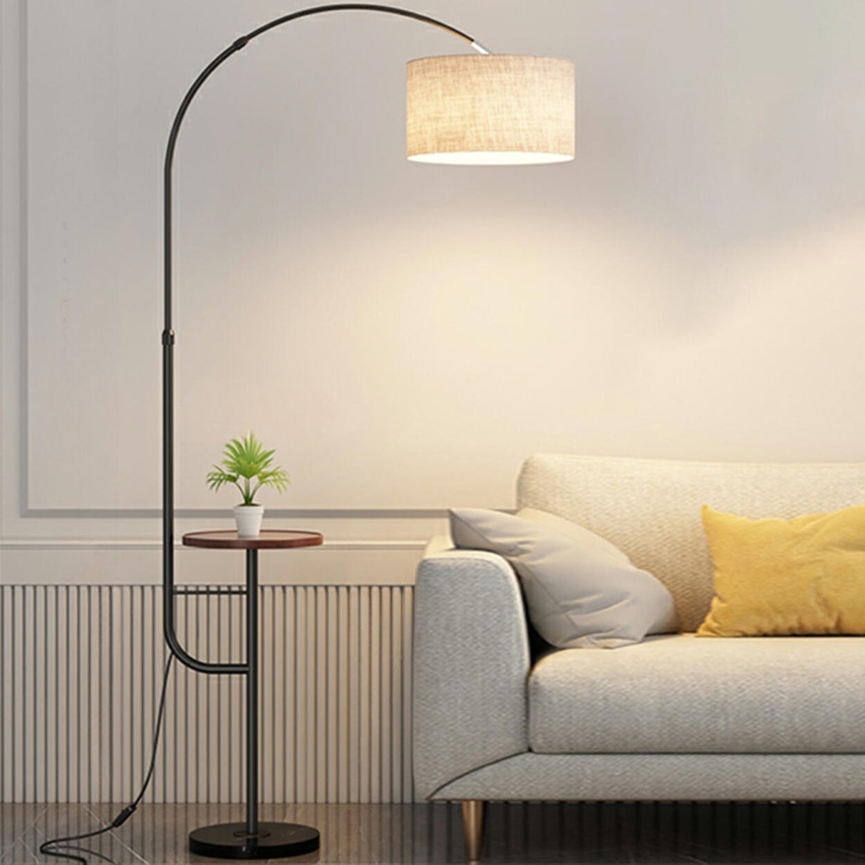 Modern Arced Side Table Storage Drum Barrel Floor Lamp Image - 7