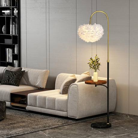 Modern Arced White Feather Floor Lamp Side Table Image - 1