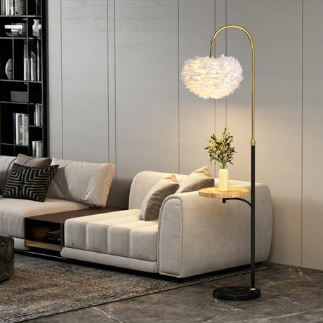 Modern Arced White Feather Floor Lamp Side Table Image - 2