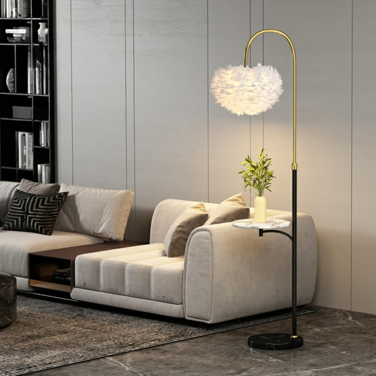 Modern Arced White Feather Floor Lamp Side Table Image - 3