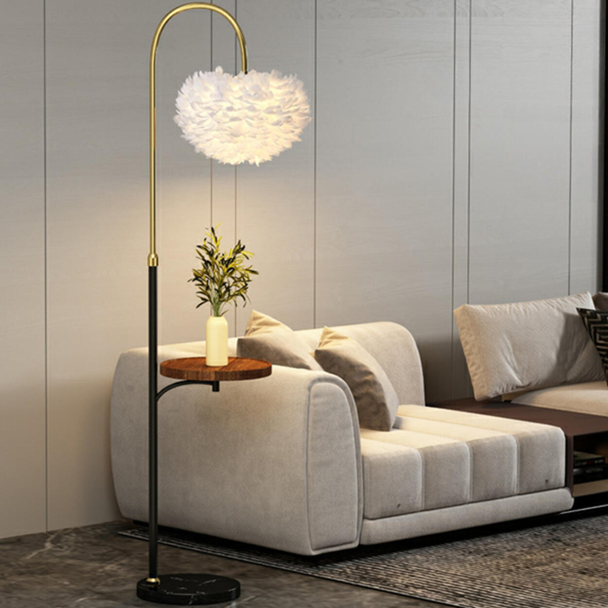 Modern Arced White Feather Floor Lamp Side Table Image - 6