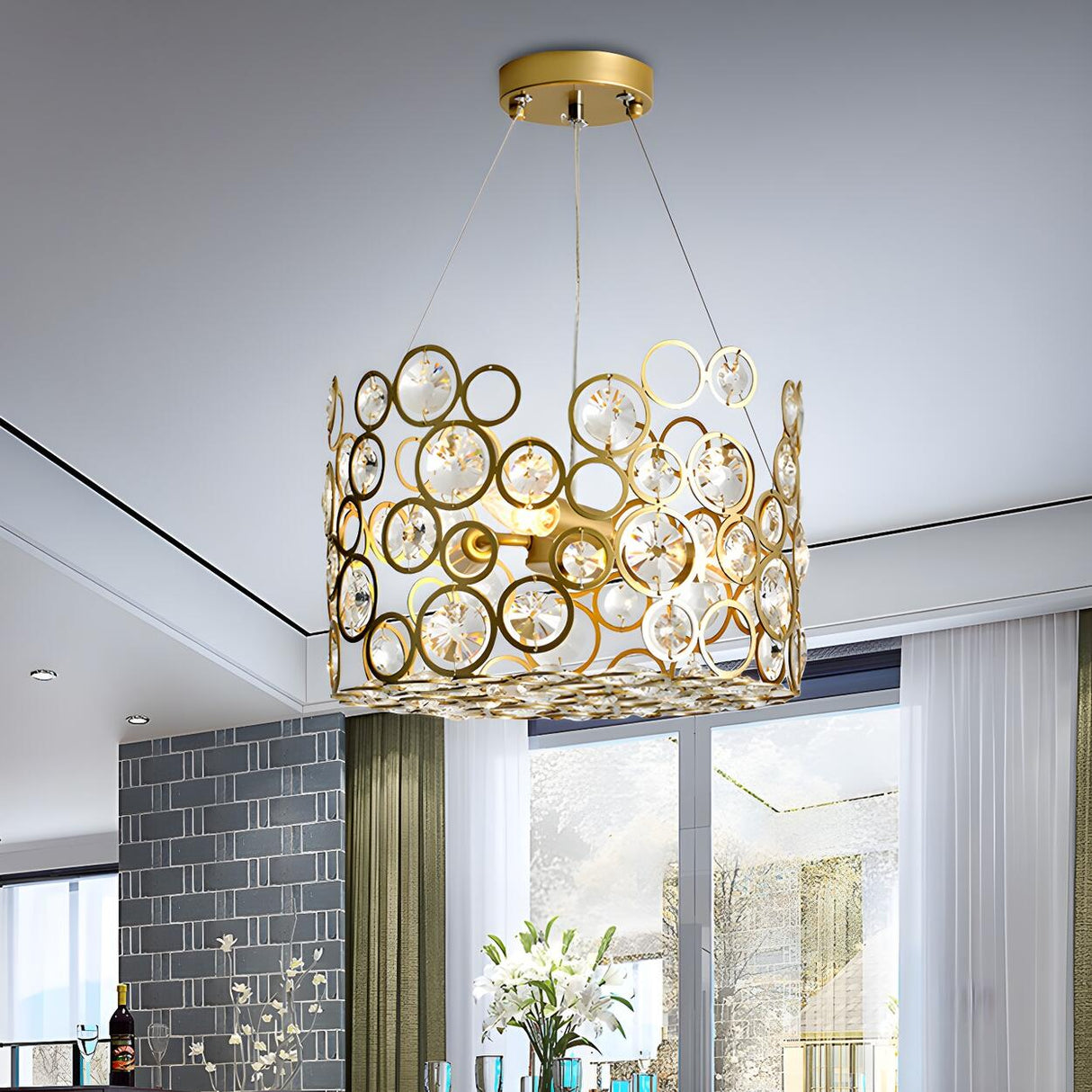 Modern Art Deco Dining Room Gold Circular Crystal Chandelier Image - 2