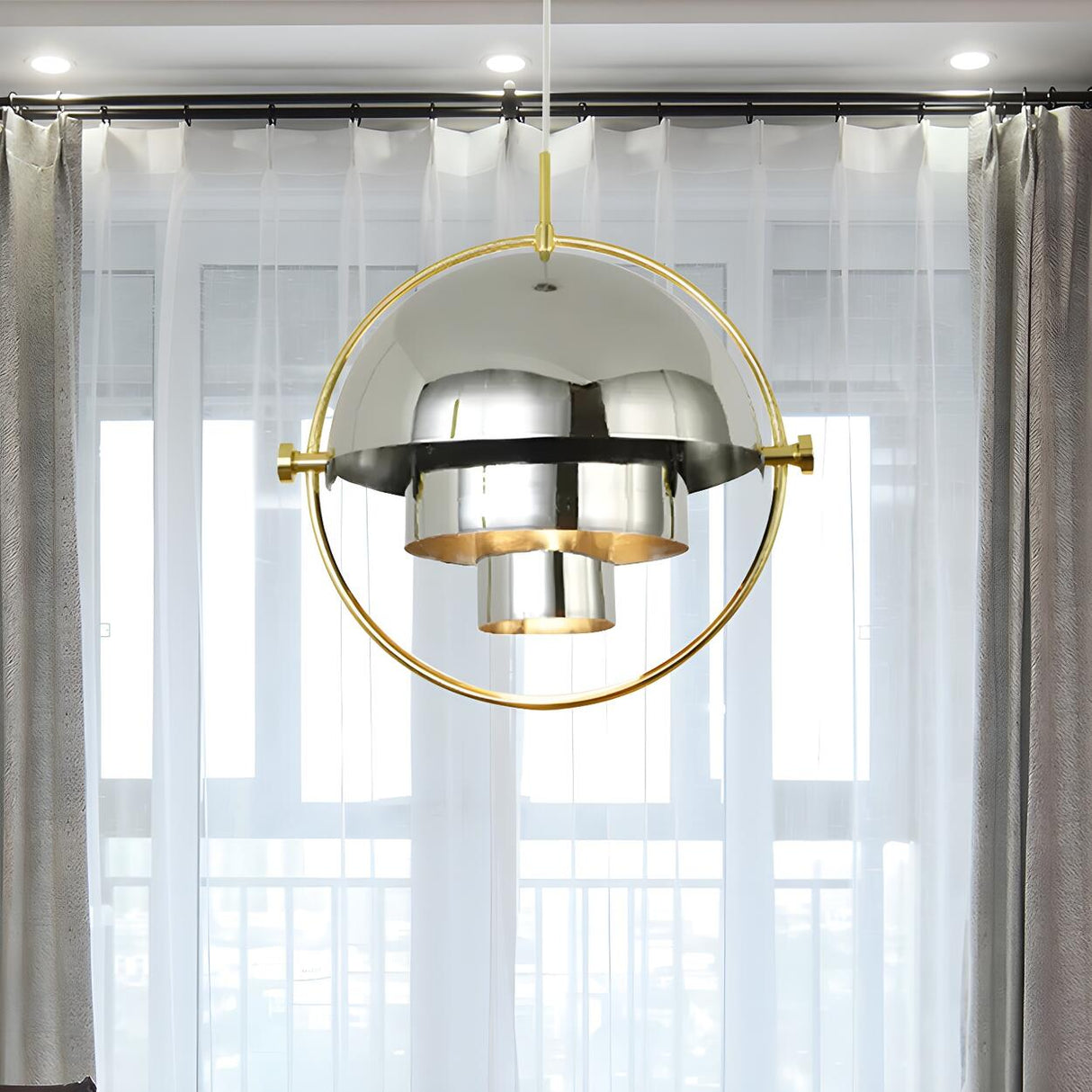 Modern Art Deco Geometric Spherical Gold Pendant Light Set Image - 12