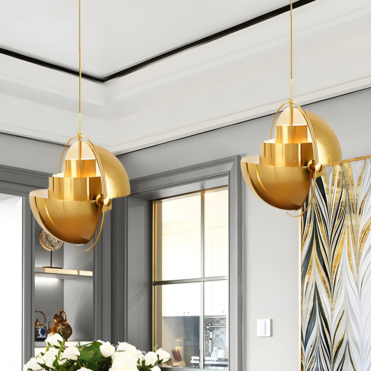 Modern Art Deco Geometric Spherical Gold Pendant Light Set Image - 2