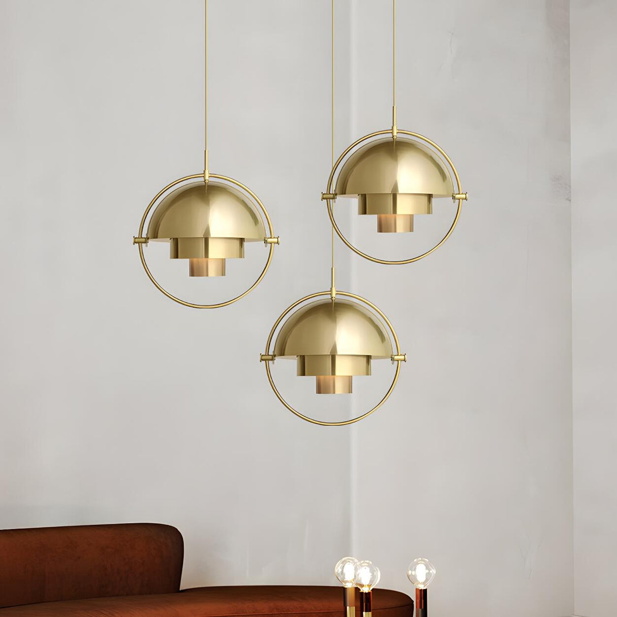 Modern Art Deco Geometric Spherical Gold Pendant Light Set Image - 7