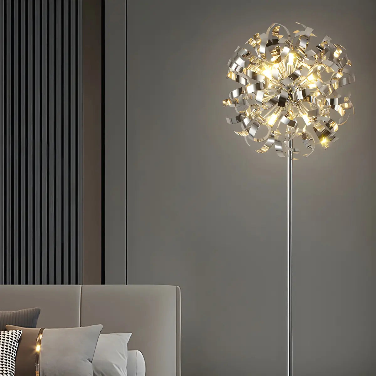 Modern Artistic Sliver Ribbon Globe Metal Floor Lamp Image - 4