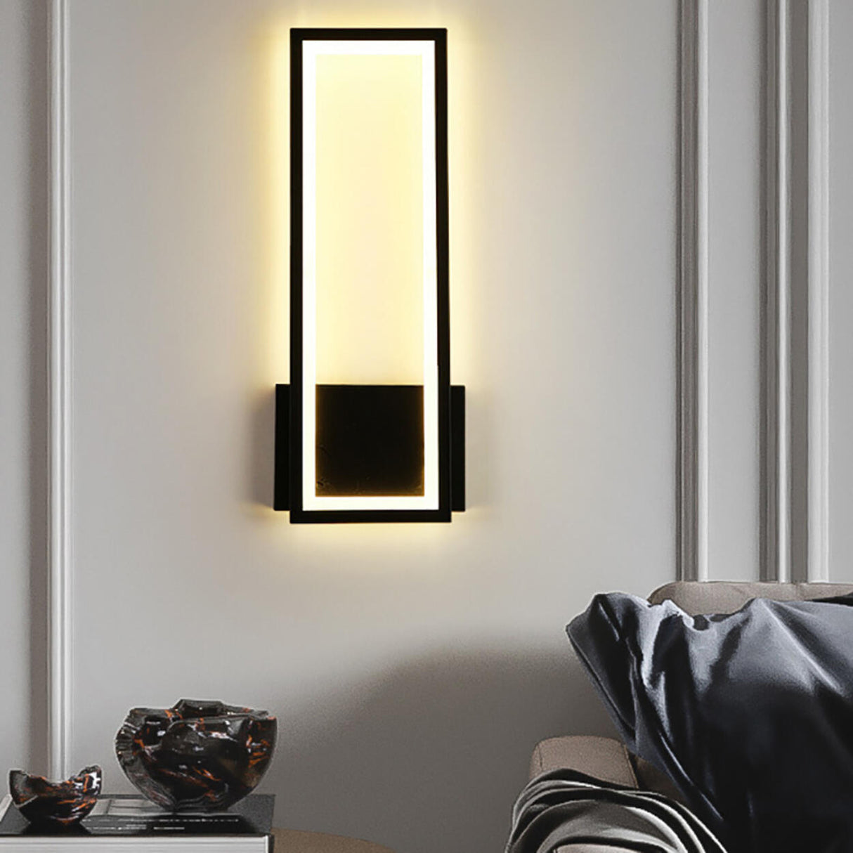 Modern Backlit Black Rectangular Bedroom Wall Sconce Image - 2