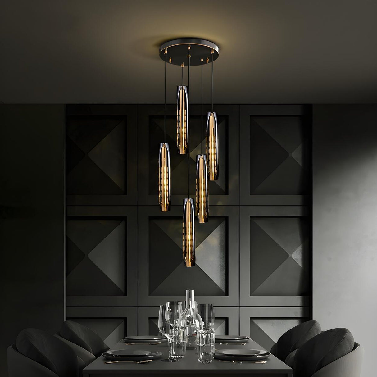 Modern Balck Cylinder Crystal Dining Room Pendant Light Image - 1