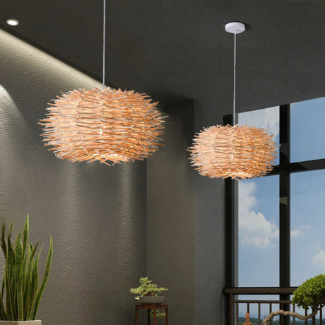 Modern Bamboo Wood Drum Pendant Light Adjustable Height Image - 1