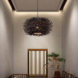 Modern Bamboo Wood Drum Pendant Light Adjustable Height Image - 15