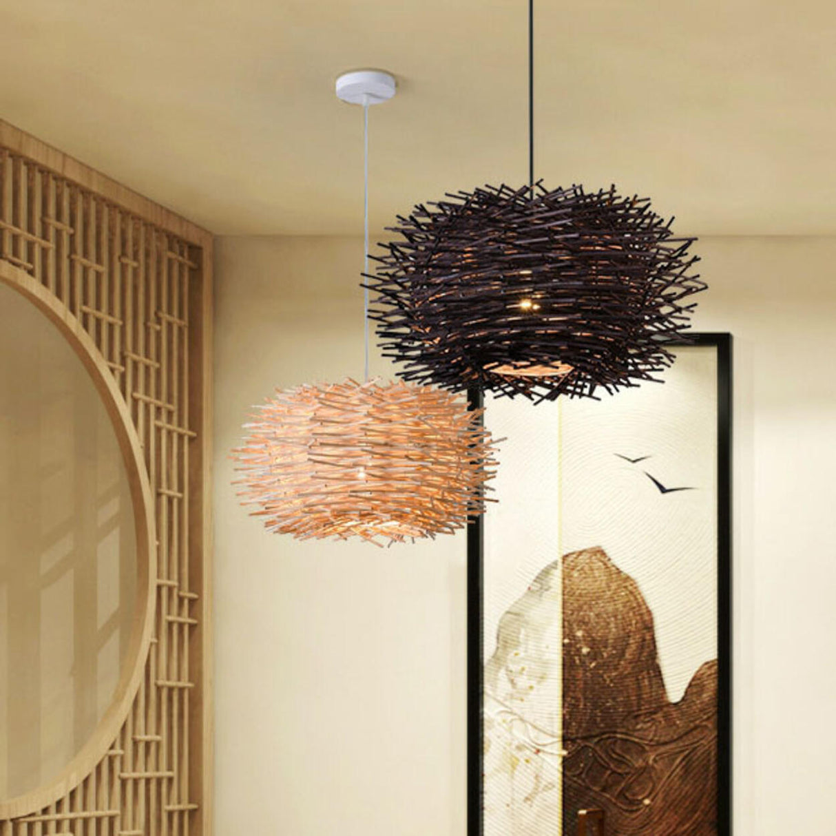 Modern Bamboo Wood Drum Pendant Light Adjustable Height Image - 16