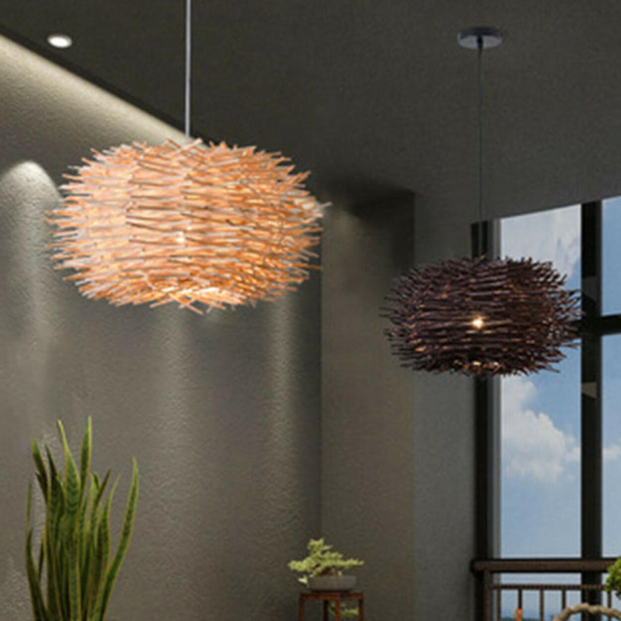 Modern Bamboo Wood Drum Pendant Light Adjustable Height Image - 2