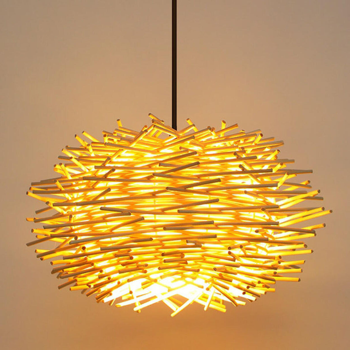 Modern Bamboo Wood Drum Pendant Light Adjustable Height Image - 7