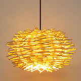 Modern Bamboo Wood Drum Pendant Light Adjustable Height Image - 7