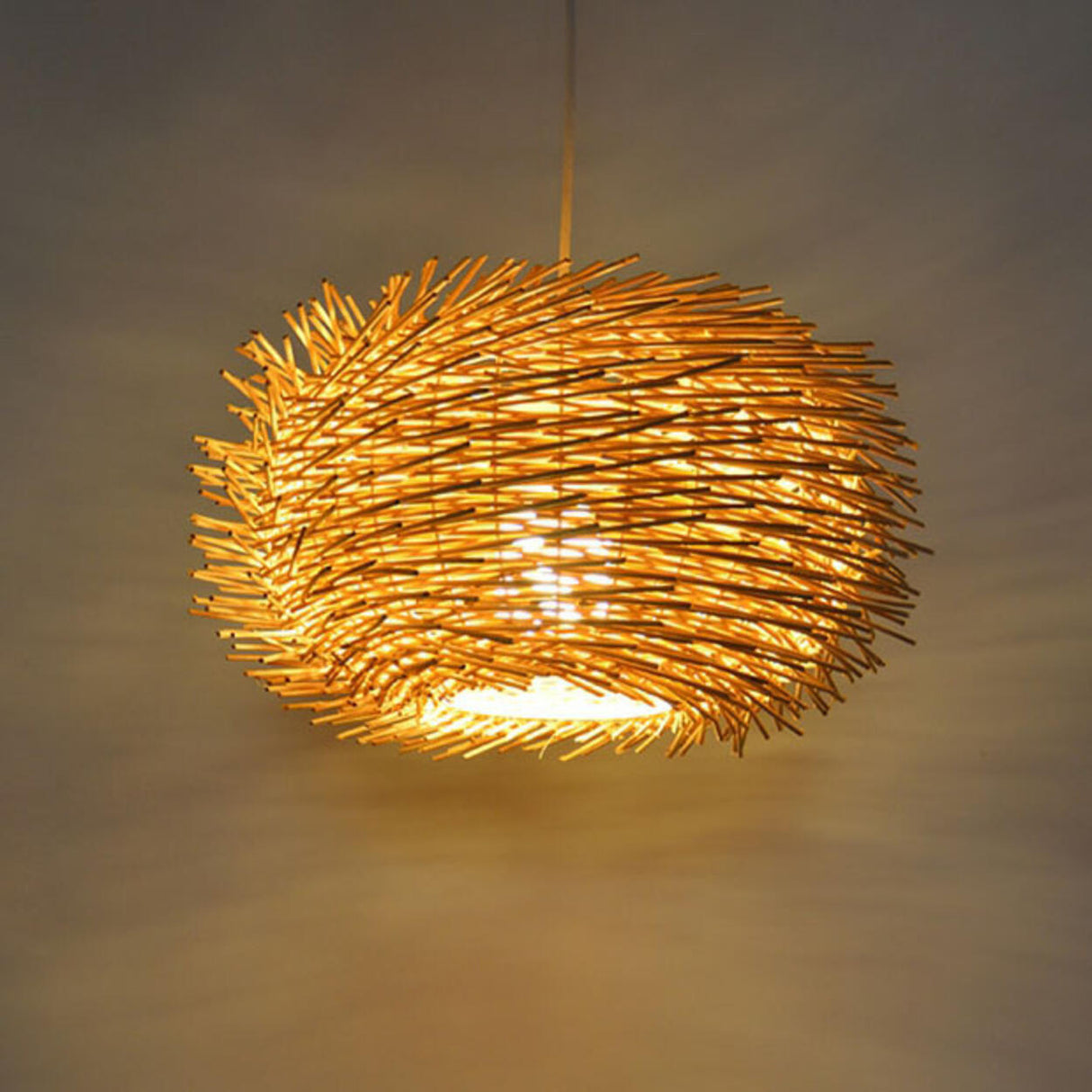 Modern Bamboo Wood Drum Pendant Light Adjustable Height Image - 9