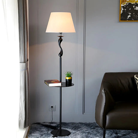 Modern Barrel and Curved Metal Floor Lamp with Shelf Image - 1