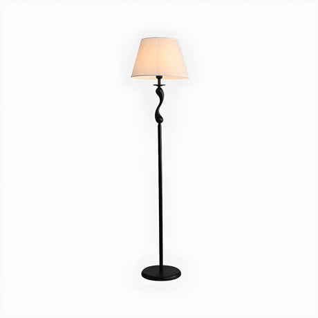 Modern Barrel and Curved Metal Floor Lamp with Shelf Image - 2