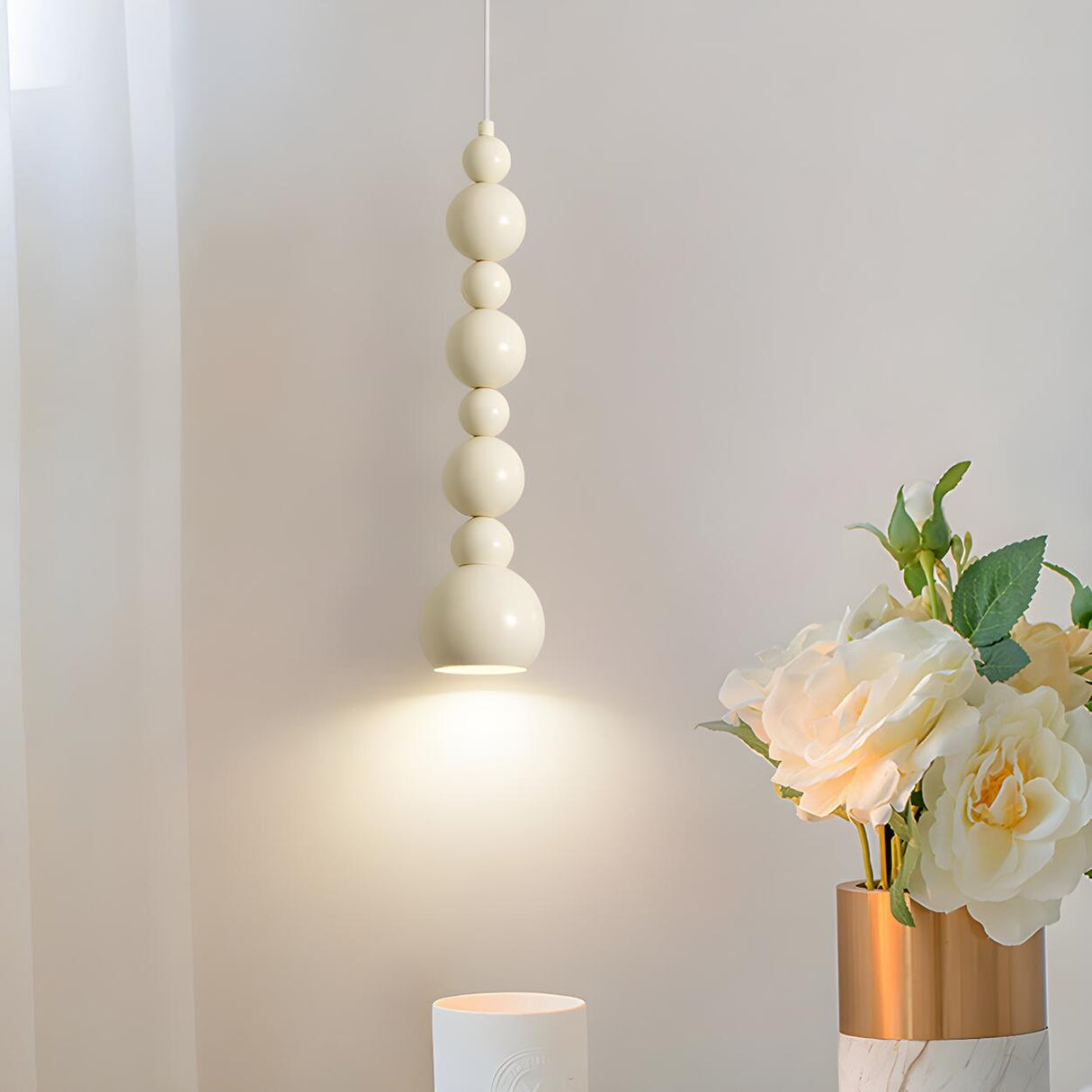 Modern Bedroom Beaded Cream Globe Pendant Light Image - 4