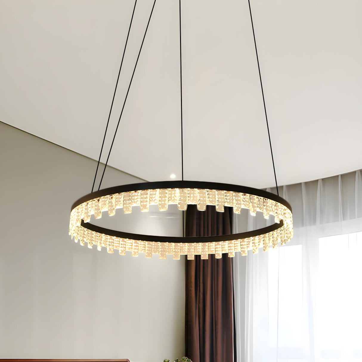 Modern Bedroom Black Crystal LED Circle Pendant Chandelier Image - 1