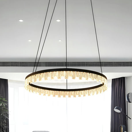 Modern Bedroom Black Crystal LED Circle Pendant Chandelier Image - 2