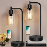 Modern Bedroom Black Cylinder Glass Shade Table Lamp Image - 12