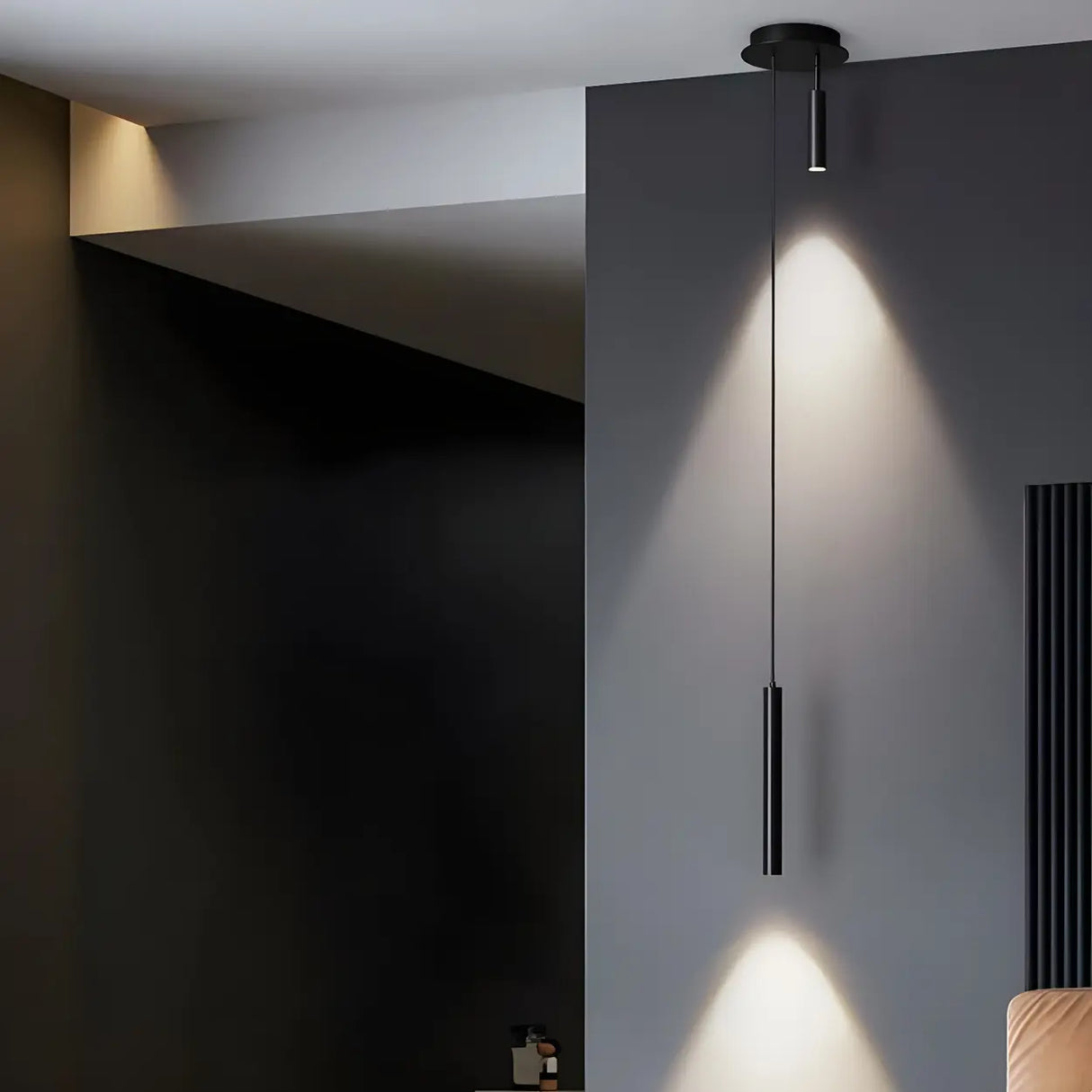 Modern Bedroom Black Cylinder Metal Pendant Light Image - 3