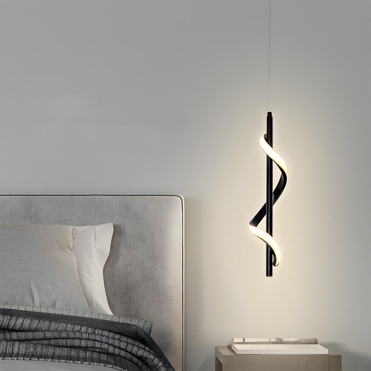 Modern Bedroom Black Metal Spiral LED Pendant Light Image - 12