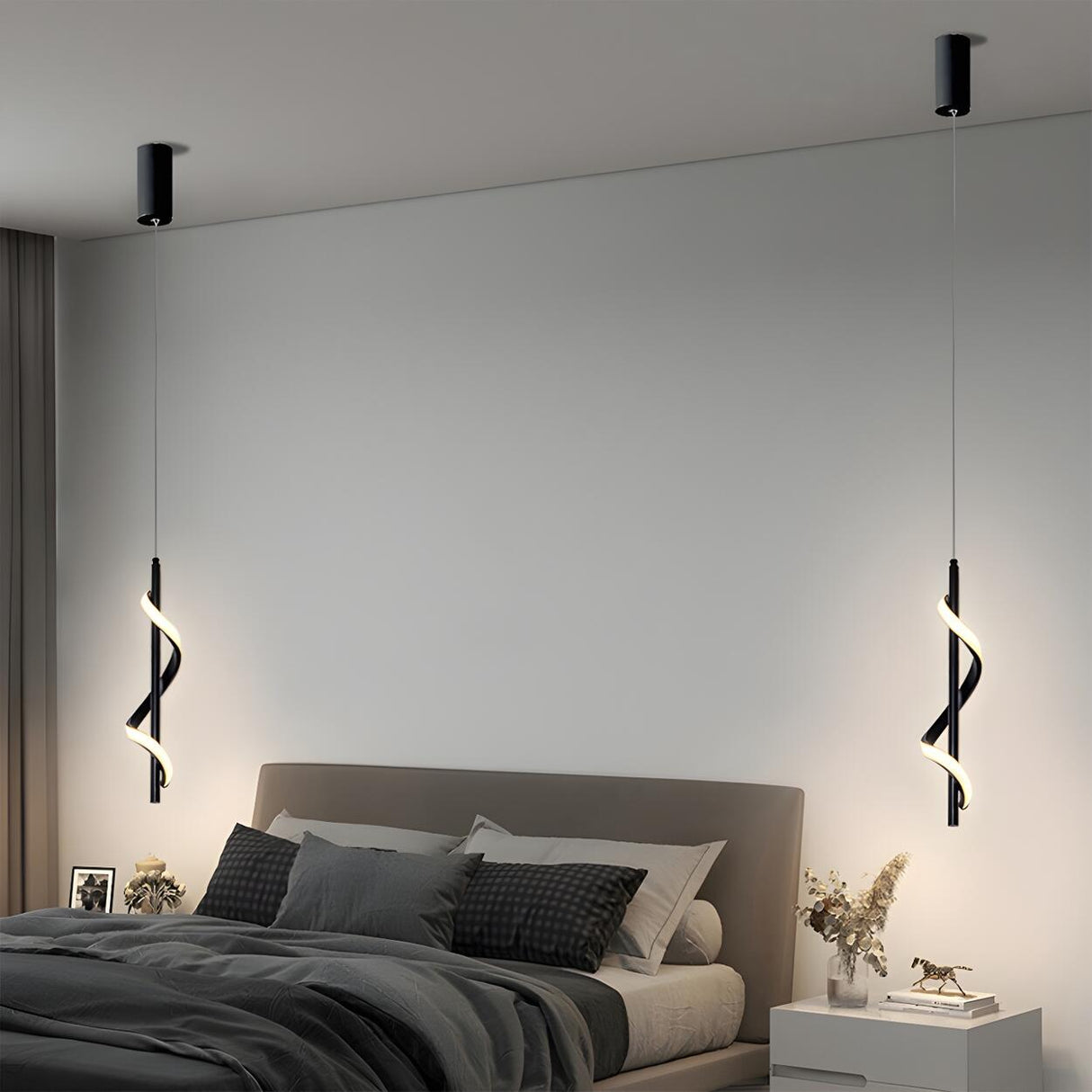 Modern Bedroom Black Metal Spiral LED Pendant Light Image - 6