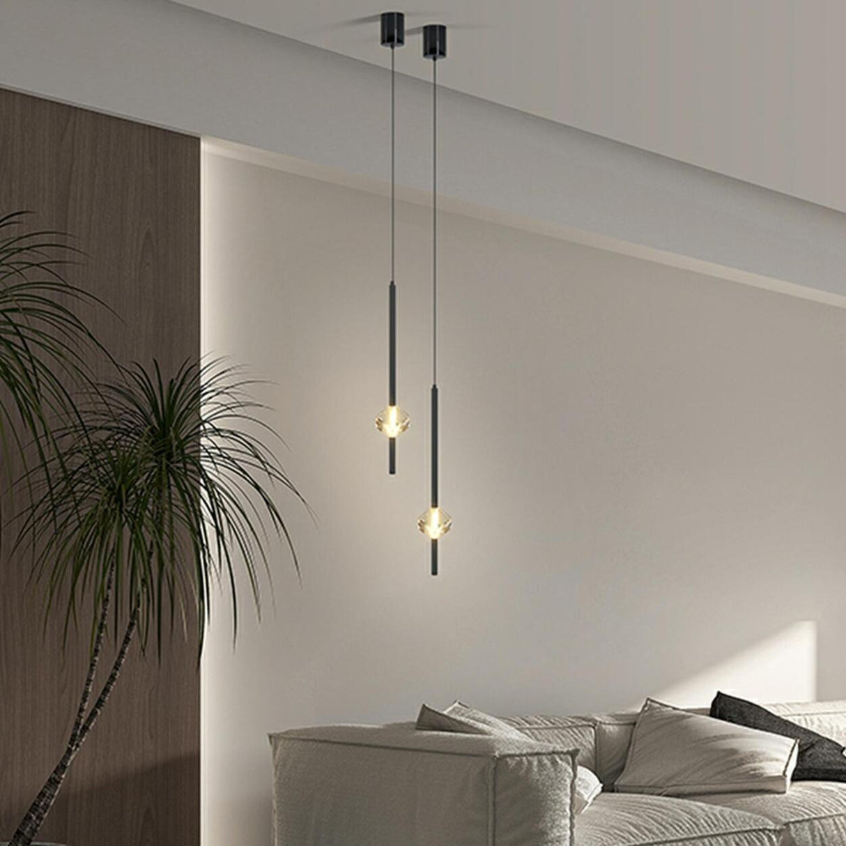 Modern Bedroom Crystal Cube Slim Black Tube Pendant Light Image - 3