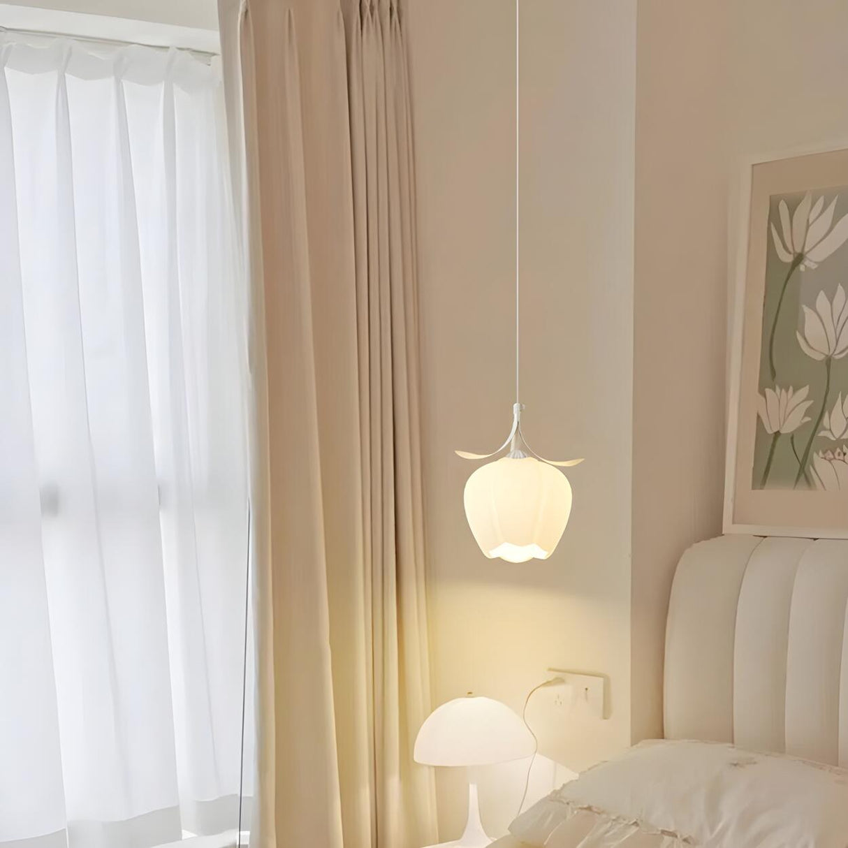 Modern Bedroom Flower White Petal Glass Pendant Light Image - 6