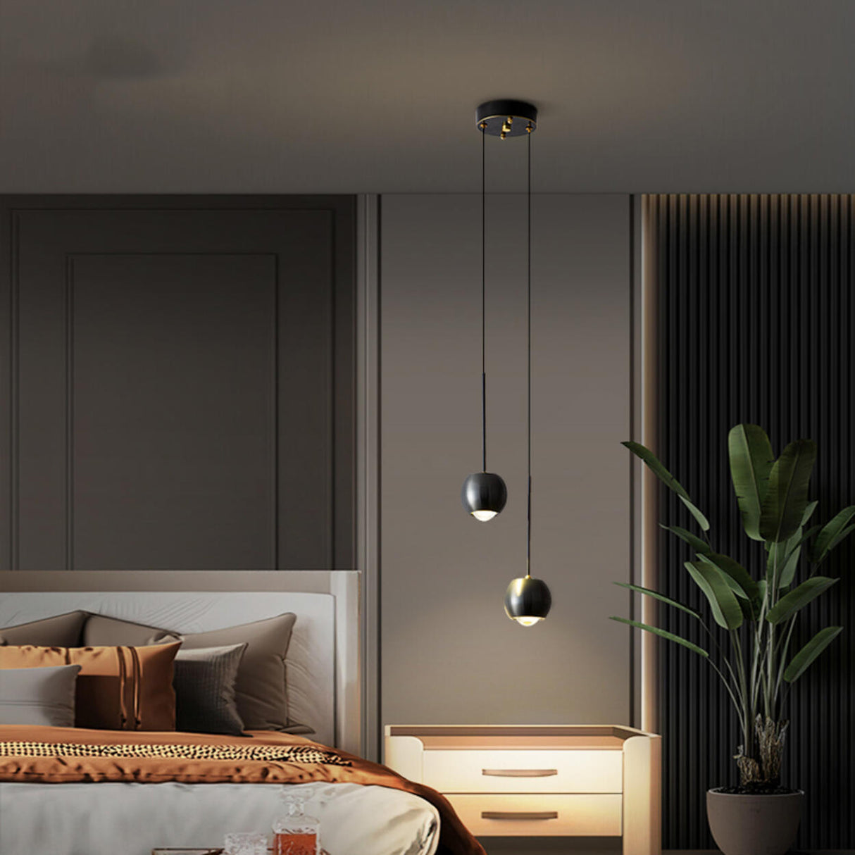 Modern Bedroom Globe Metal Dual Black Sphere Pendant Light Image - 1