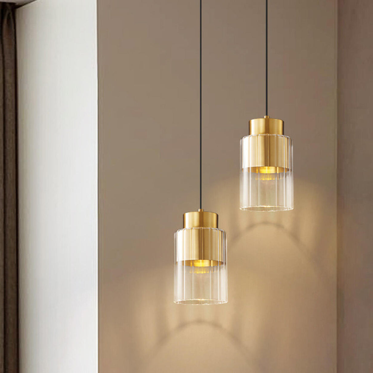 Modern Bedroom Gold Clear Glass Cylinder Pendant Light Image - 1