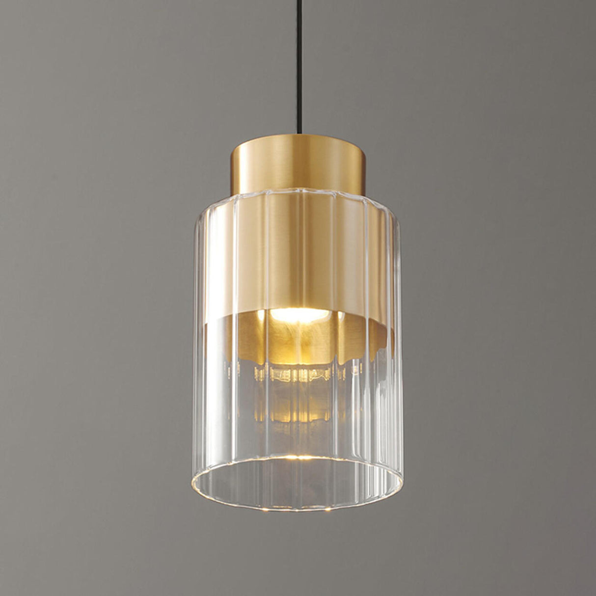 Modern Bedroom Gold Clear Glass Cylinder Pendant Light Image - 11