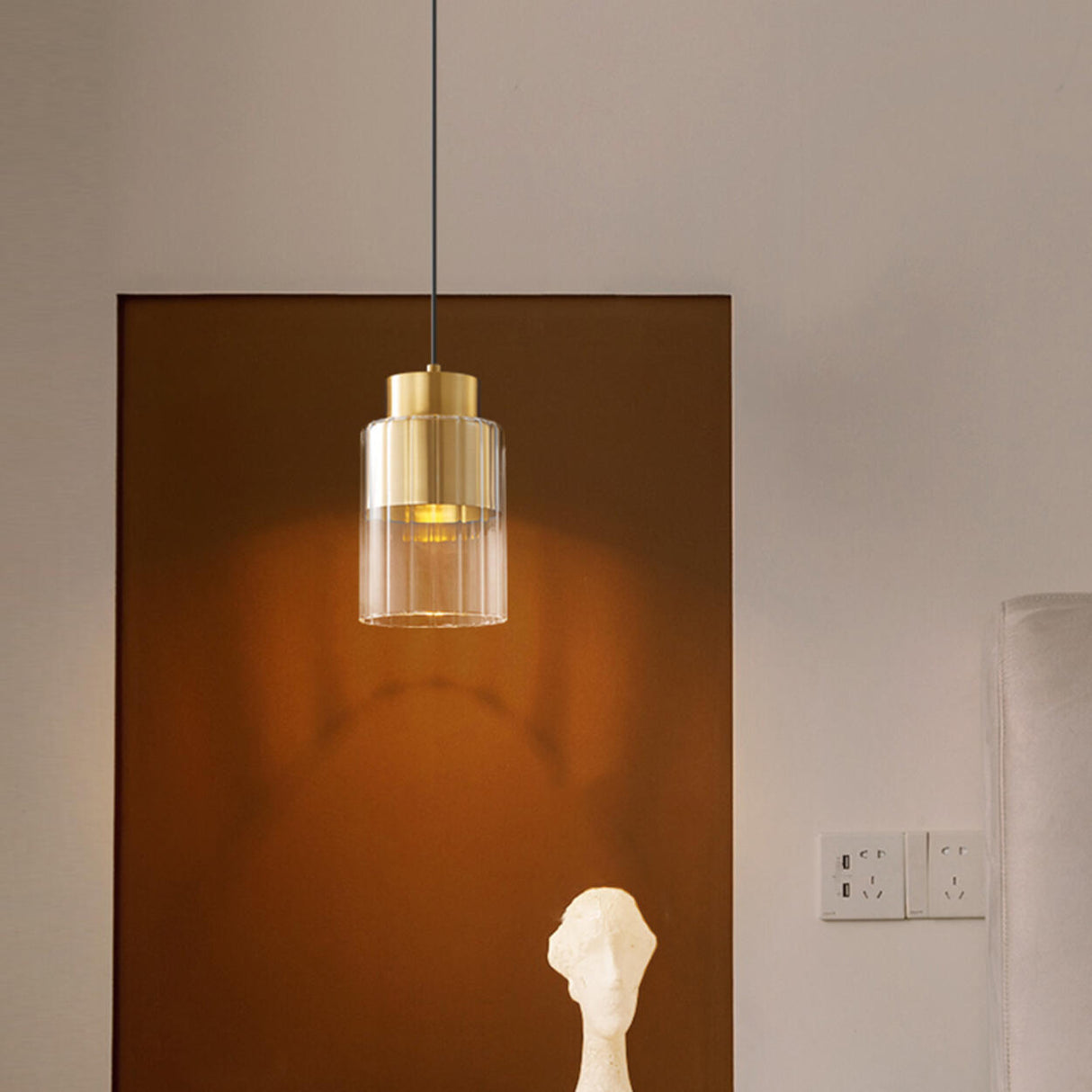 Modern Bedroom Gold Clear Glass Cylinder Pendant Light Image - 6