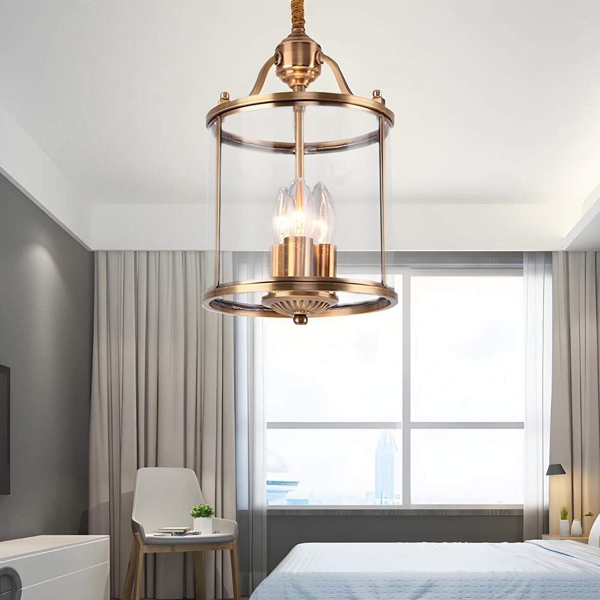 Modern Bedroom Gold Clear Glass Lantern Pendant Chandelier Image - 1