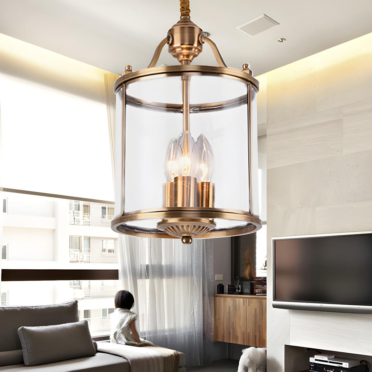 Modern Bedroom Gold Clear Glass Lantern Pendant Chandelier Image - 2