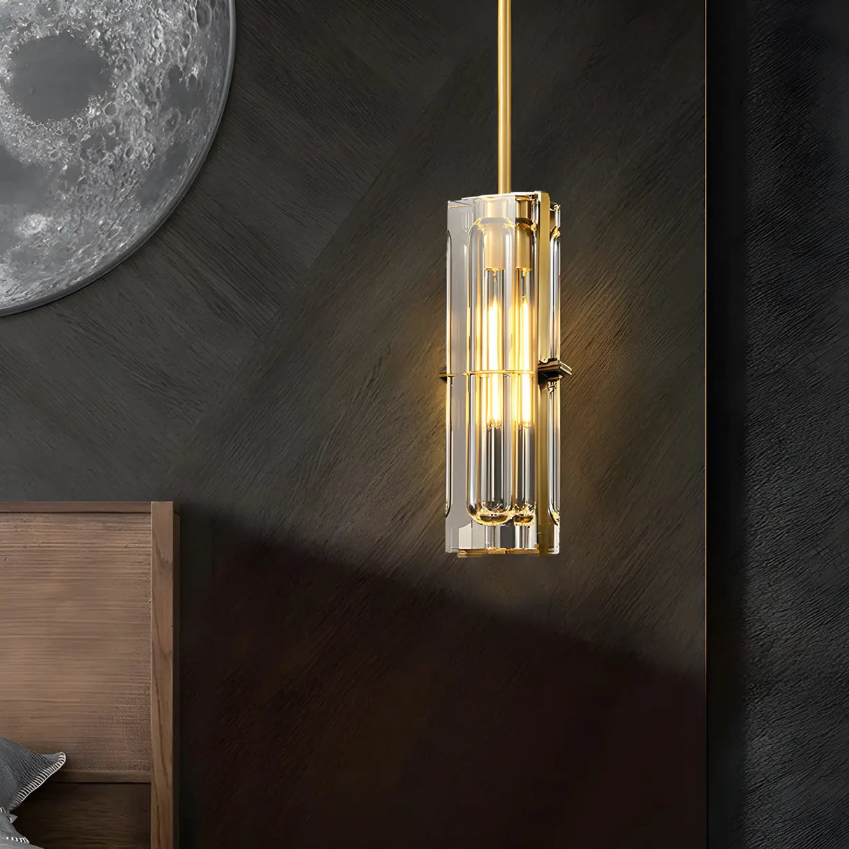 Modern Bedroom Gold Cylindrical Clear Crystal Pendant Light Image - 1