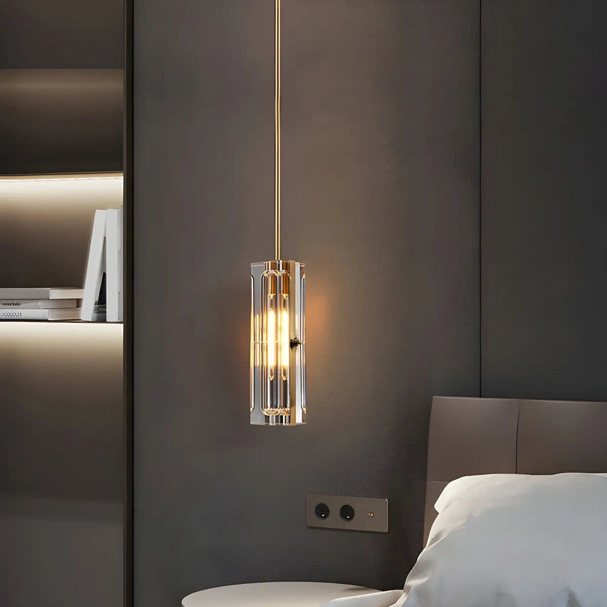 Modern Bedroom Gold Cylindrical Clear Crystal Pendant Light Image - 10