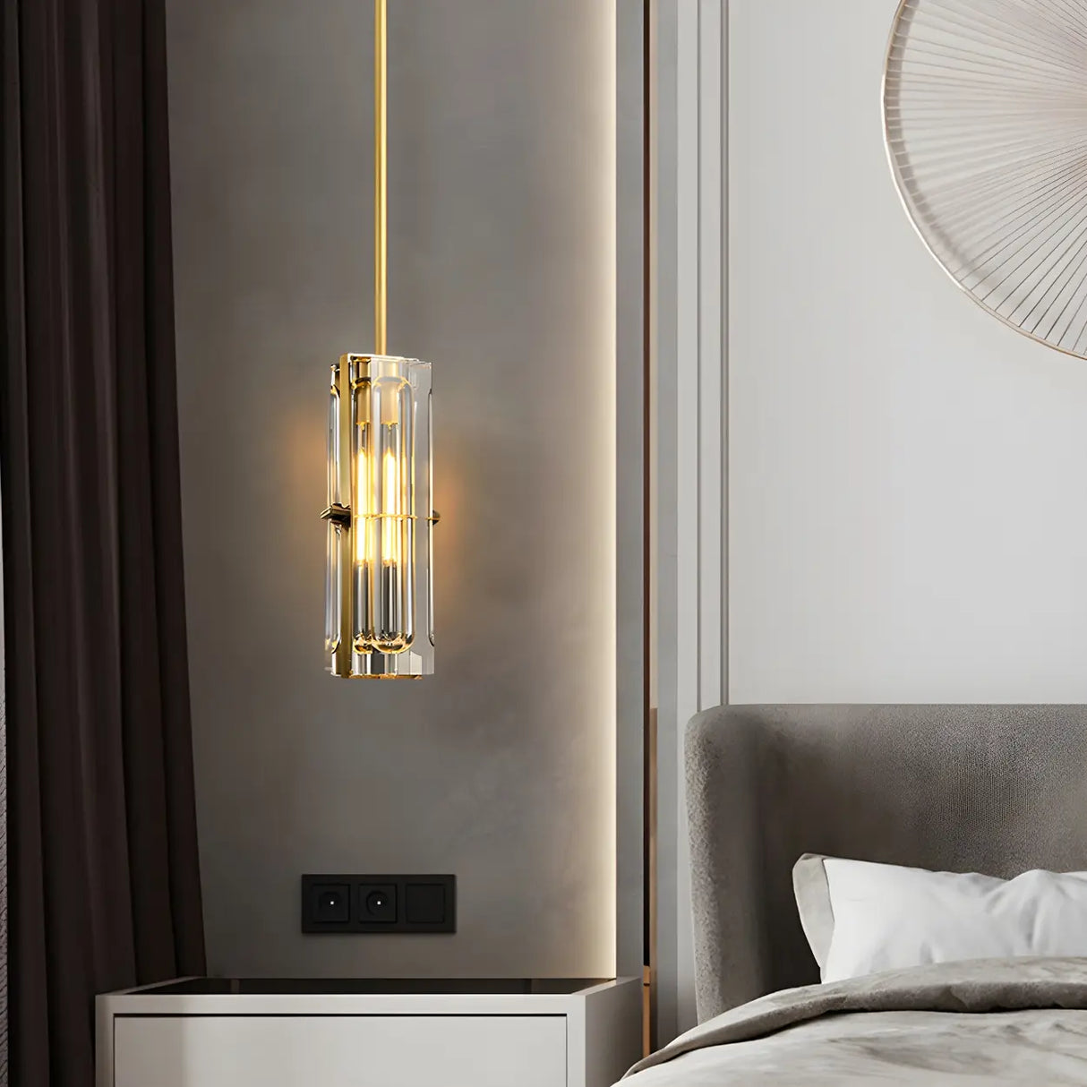 Modern Bedroom Gold Cylindrical Clear Crystal Pendant Light Image - 2