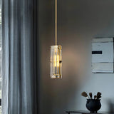 Modern Bedroom Gold Cylindrical Clear Crystal Pendant Light Image - 3