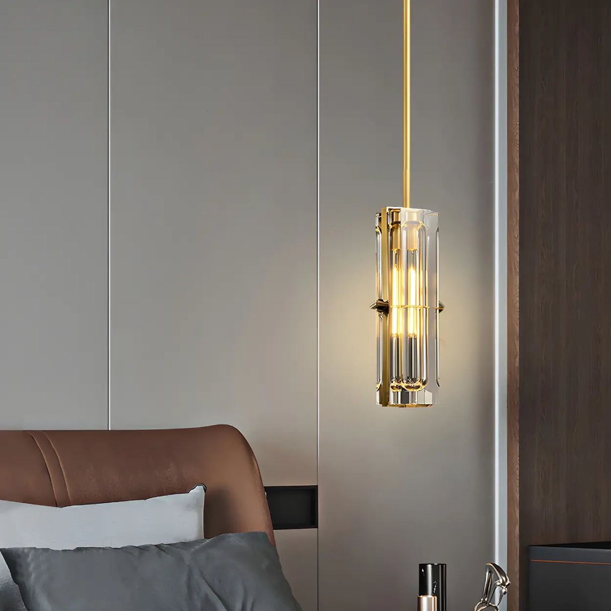 Modern Bedroom Gold Cylindrical Clear Crystal Pendant Light Image - 4