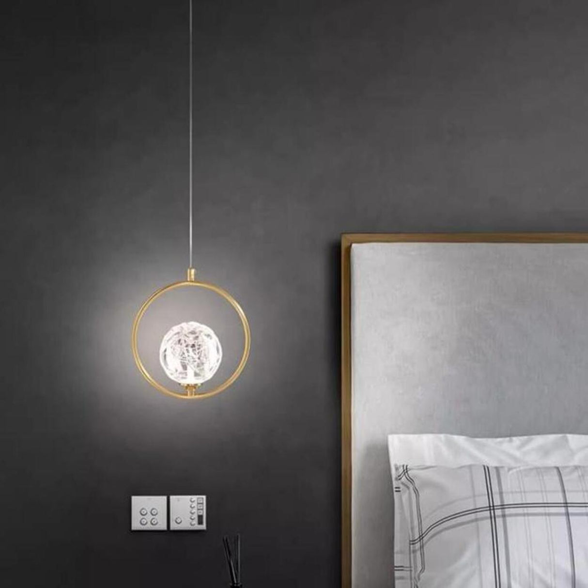 Modern Bedroom Gold Ring Clear Crystal Globe Pendant Light Image - 1