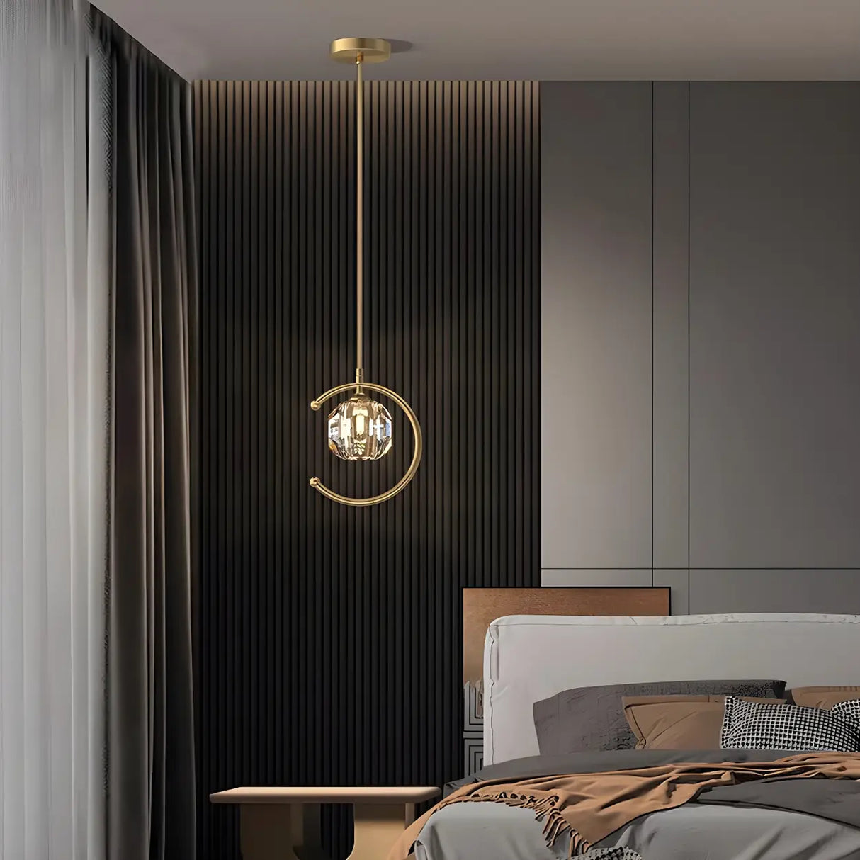 Modern Bedroom Gold Ring Crystal Globe Pendant Light Image - 3