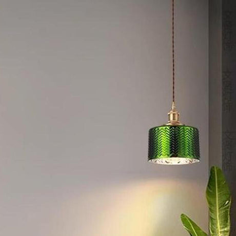 Modern Bedroom Green Glass Cylinder Pendant Light Image - 1