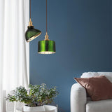 Modern Bedroom Green Glass Cylinder Pendant Light Image - 4